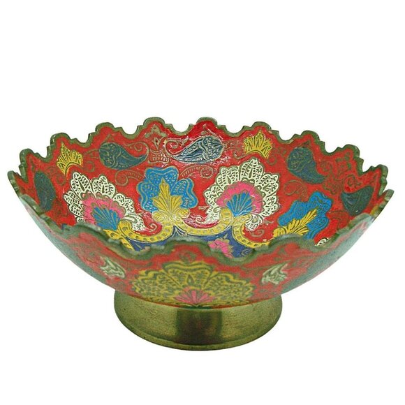Source Unknown Other - Vintage Multicolor Brass Enamel Scalloped Edge Raw Brass Foot Peacock Bowl Sz 6"